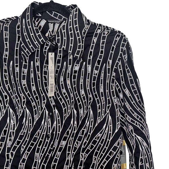 Samuel Dong Black & White Laser Cut Button Down Blouse - Size M - NWT - Picture 1 of 6